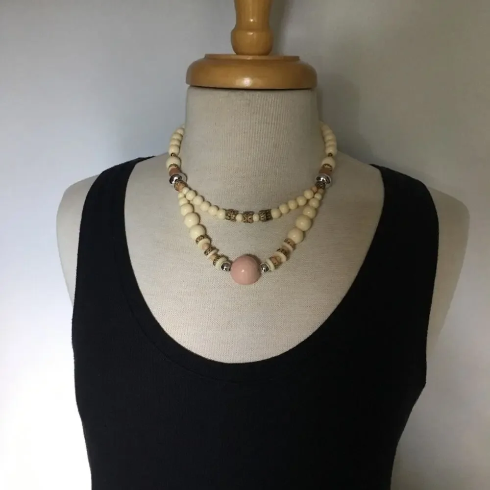 Unique pale tones cream and pale pink double strand necklace